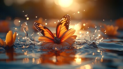 Canvas Print - A monarch butterfly perched on a flower that has landed in a still body of water, creating a splash. The sun is setting in the background, casting a warm glow on the scene.