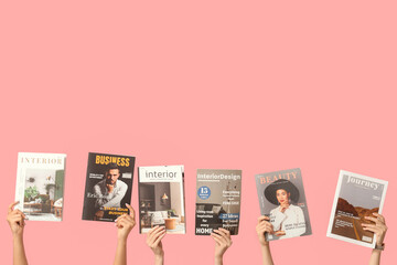 Poster - Female hands with different magazines on pink background