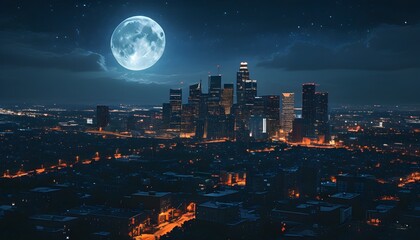 Enchanting night cityscape illuminated by moonlight and stars with stunning urban architecture under a deep, dark sky