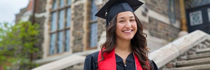 Wall Mural - Graduate in cap and gown with red stole, posing on steps of historic university