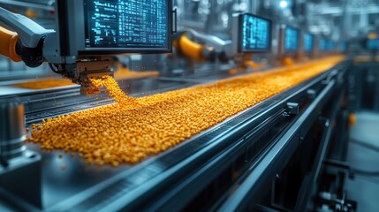 Wall Mural - Automated production line with robotic arms and a conveyor belt carrying small yellow objects.