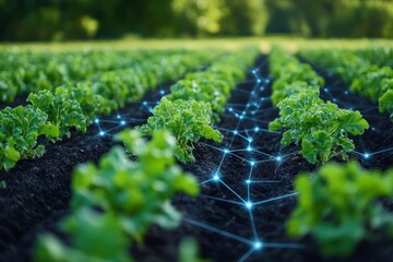 Canvas Print - Green plants in a field with a network of glowing blue lines connecting them.