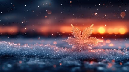 Wall Mural - A single snowflake sits on a bed of snow with a blurred sunset and falling snow in the background.