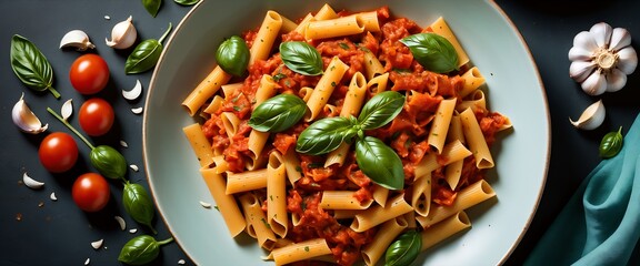 Wall Mural - vibrant tomatobased pasta dish with fresh basil leaves Vibrant TomatoBased Pasta Dish With Fresh Basil Leaves