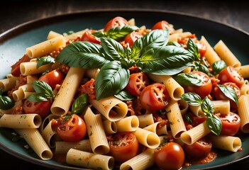 Wall Mural - delicious pasta dish with tomato sauce and basil leaves