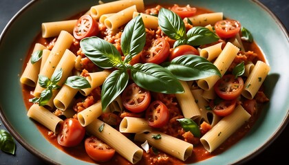 Wall Mural - delicious plate of spaghetti with fresh basil leaves