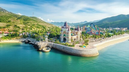 Wall Mural - Aerial view of a beautiful castle on a beach with a roller coaster in the background.