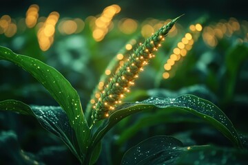 Canvas Print - A close-up of a corn plant with golden light illuminating the kernels. The plant is surrounded by other corn plants and dew drops on the leaves.