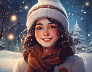 Cartoon illustration of a beautiful young woman in winter forest. Christmas holiday concept.