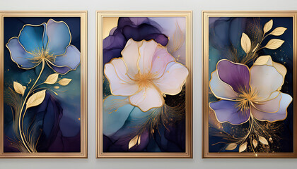 Wall Mural - Set of abstract watercolor backgrounds with gold and blue poppies.