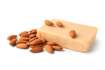 Poster - Bar of tasty marzipan bar and almond nuts on white background