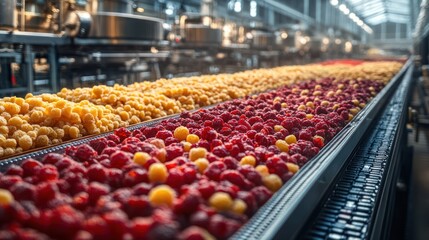 Wall Mural - A conveyor belt carrying red and yellow berries in a food processing plant.