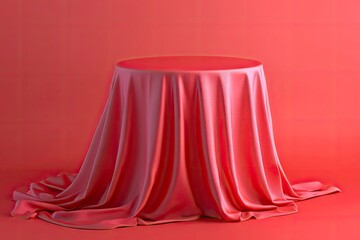 Cylinder podium covered with red cloth on viva magenta background. Premium empty fabric pedestal for product display. with generative ai