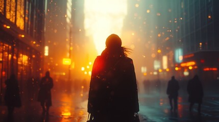 Poster - A lone woman walks through a snowy city street at dusk, silhouetted against the glowing cityscape.