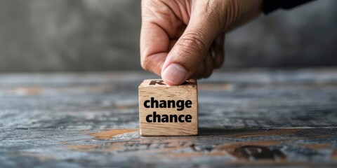 A hand carefully places a wooden block with the words 'change chance' on a wooden table, emphasizing the opportunity for transformation.