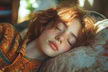 Sticker - A young woman with red hair sleeps peacefully on a pillow. The sunlight streams in through the window, illuminating her face.