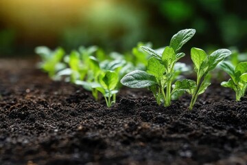 Sticker - Close-up of green seedlings growing in rich dark soil with a blurred green background and bright sunlight.