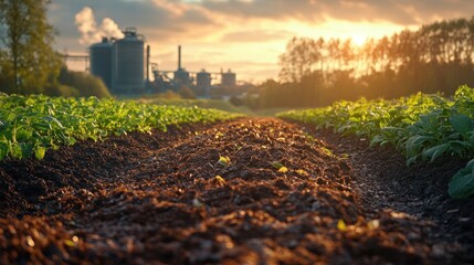 Canvas Print - A close-up view of a dirt path in a field of green plants with an industrial plant and sunset in the background.