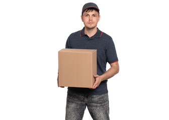 A delivery man in a blue shirt and cap holding a cardboard box against a white background.