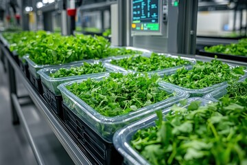 Sticker - Fresh green leafy vegetables in plastic containers on a conveyor belt in a factory setting.