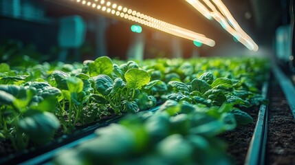 Wall Mural - Close-up of vibrant green leafy plants growing in rows under artificial light in a modern indoor farm.