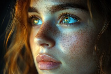 Sticker - Close-up portrait of a young woman with freckles and green eyes looking to the side.