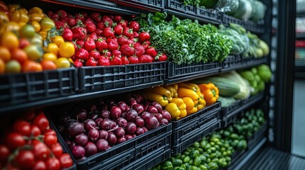 Sticker - A variety of fresh produce displayed on shelves in a grocery store.