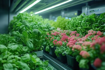 Sticker - Rows of fresh, green and pink plants growing under artificial lights in a modern, controlled environment.