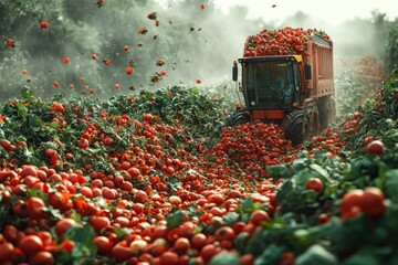 Wall Mural - A red tractor is driving through a field of tomatoes, dumping a load of tomatoes from its trailer.  The tomatoes are spilling out onto the ground and into the air, creating a red cloud.