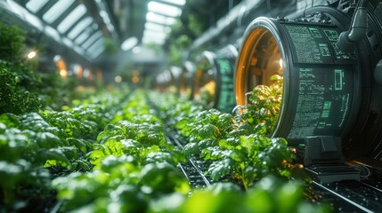 Wall Mural - A futuristic hydroponic farm with rows of plants growing under artificial light.