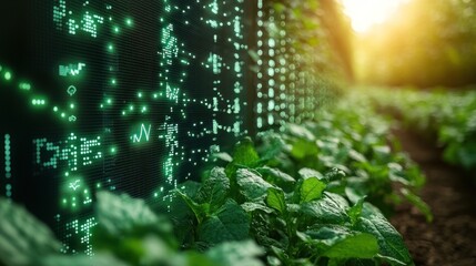 Sticker - A futuristic digital screen with data and code stands in a field of green plants, representing the concept of agricultural technology.