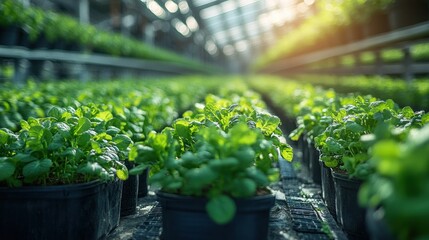 Poster - Rows of potted green seedlings in a greenhouse with sun shining through the roof.