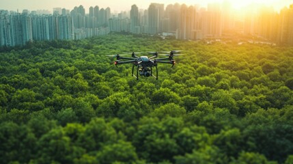 A drone flies over a forest with a city skyline in the background at sunset.