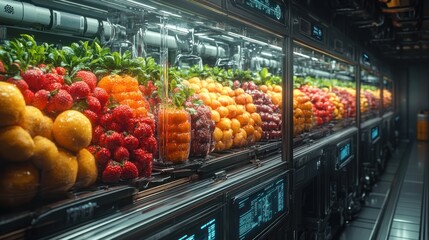 Sticker - A futuristic grocery store with fresh produce displayed in rows of glass cases, illuminated by glowing lights.