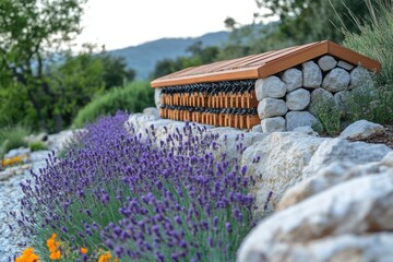 Poster - A wooden and stone beehive sits nestled in a bed of lavender flowers, surrounded by rocks and a hillside in the background.