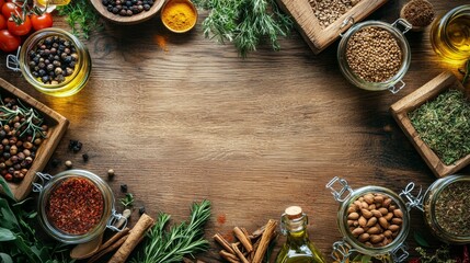 Overhead view of spices, herbs, and seeds on wooden table