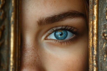 Poster - Close-up of a woman's blue eye peeking through a golden frame.