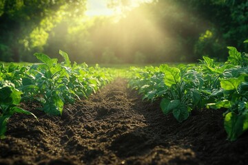 Canvas Print - Rows of green potato plants in a field with sunlight shining through the leaves.