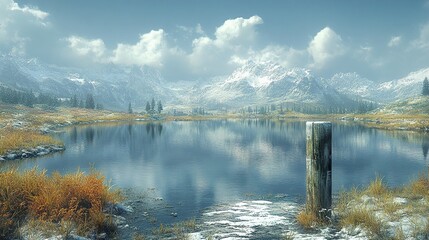 Wall Mural - Serene Mountain Lake with Snow-Capped Peaks