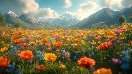 Wall Mural - A breathtaking view of a vibrant field of wildflowers stretching out towards a snow-capped mountain range under a bright blue sky.