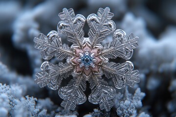 Poster - A detailed close-up of a single, intricate snowflake with six points, showcasing its delicate crystalline structure against a blurred background of other snowflakes.