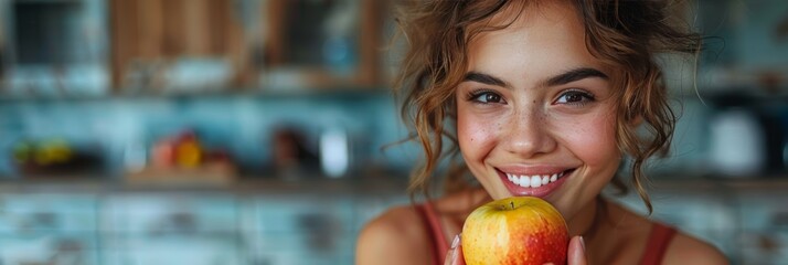 Smiling woman with bright teeth holding apple, healthy eating promotion, free text space