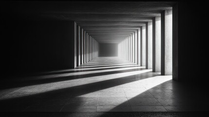 Poster - A long, narrow hallway with pillars and bright light at the end.