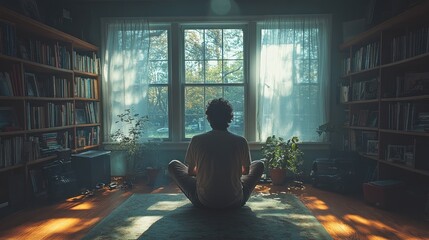 Poster - A man sits cross-legged in a sunlit room with bookshelves, looking out a window.