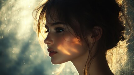 Poster - A young woman with long brown hair is illuminated by the sun in a portrait. Her eyes are closed and she is looking downwards. The light from the sun creates a glow around her face.