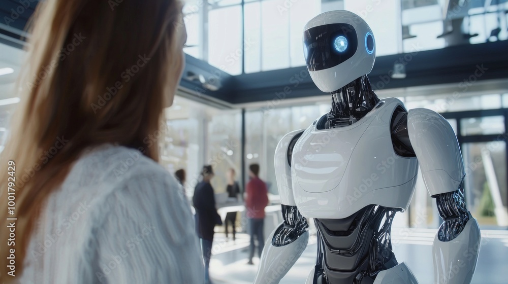 humanoid robot interacts with a person in a contemporary office ...