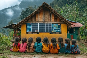 Sticker - A group of school girls in colorful uniforms sit in a row, facing a small rural school building with solar panels, in a mountainous village setting.