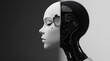 © GreenOptix - female humanoid robot with half its face being human and the other side showing mechanical parts, split in two to symbolize artificial intelligence's duality. Web banner in black and white