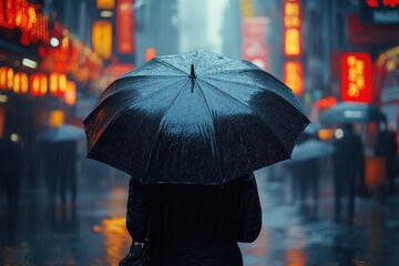 Wall Mural - A person walking in the rain on a city street, with neon signs in the background.