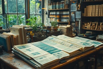 Canvas Print - Open book on a wooden table with plants and bookshelves in the background.